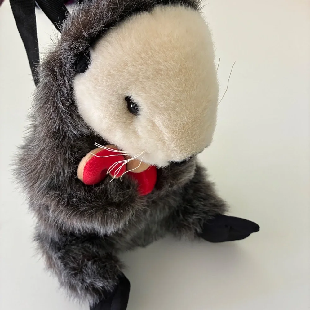 Plush Sea Otter Backpack Kids Faux Fur Animal Bag with Starfish Brown Cream